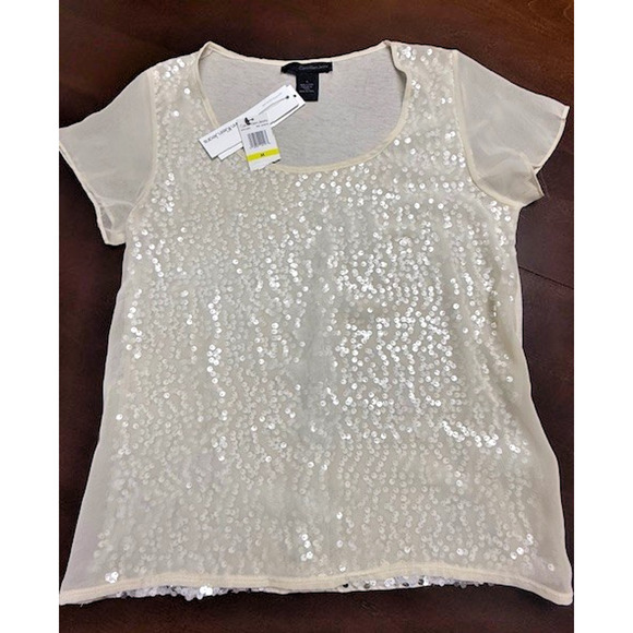 Calvin Klein Women Layered Silver Sequin Ivory Off White T-shirt Sz Medium NEW!! - Picture 1 of 12